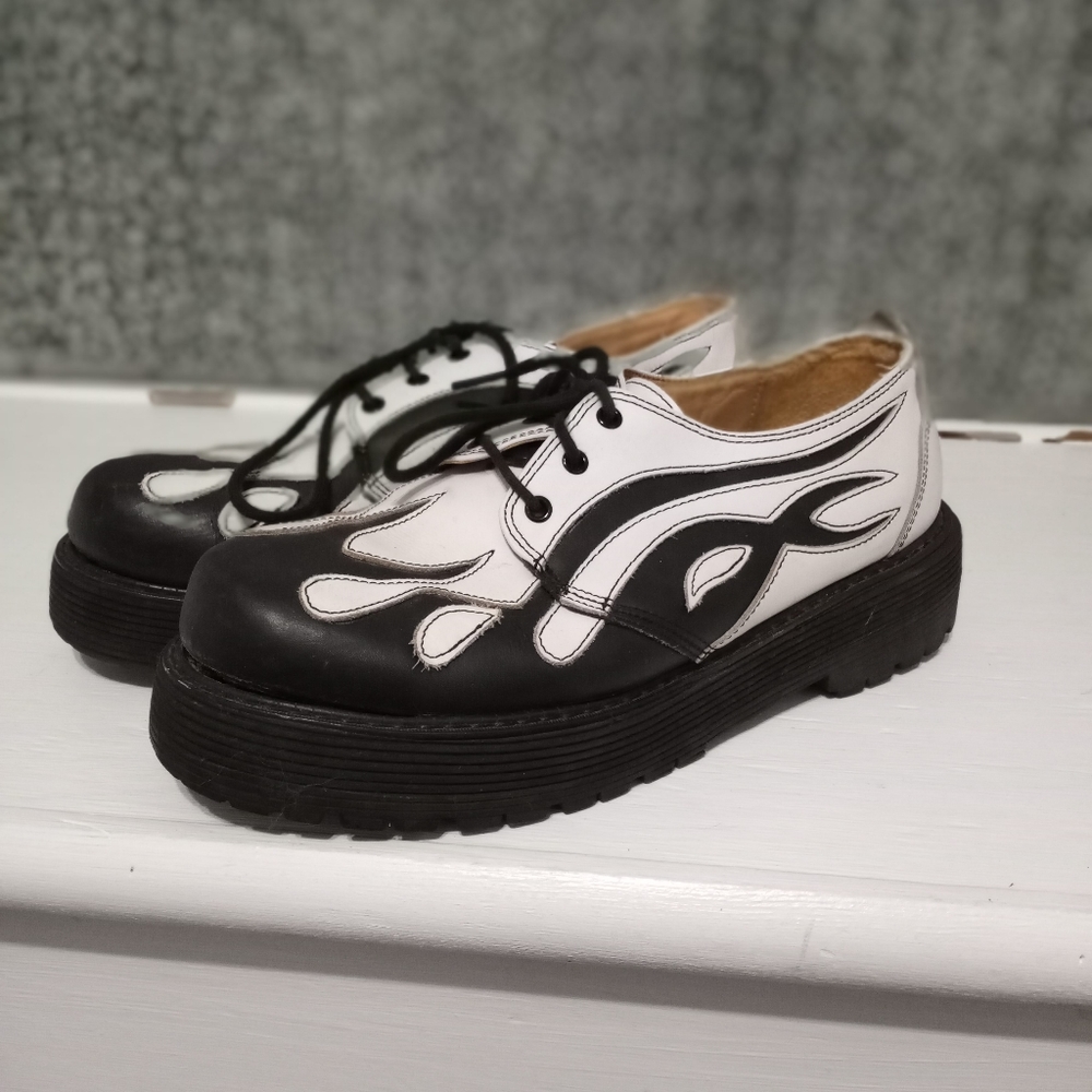Sha Sha Black White Tribal Flame Stage Shoes Platform Creepers Mens size 11